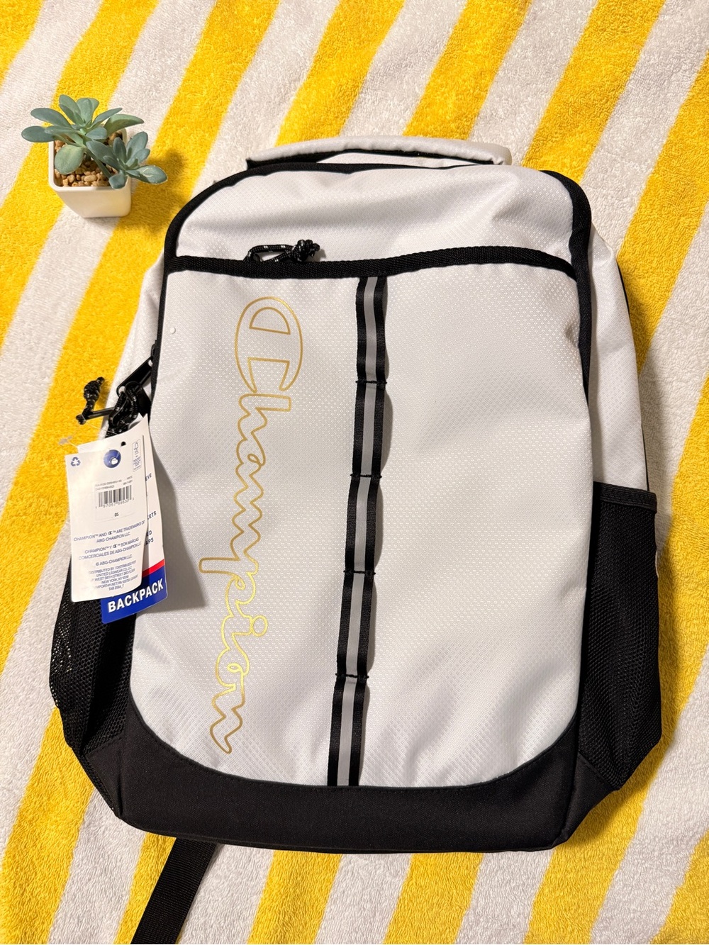 Champion White and Black Backpack with Gold Logo - Champion